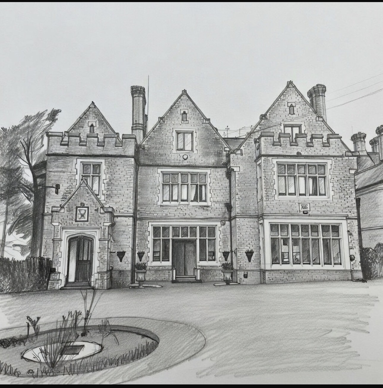 Pencil illustration of Highley Manor